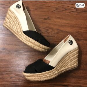 Tory Burch Filipa 75mm Black and Cream Espadrille Wedge